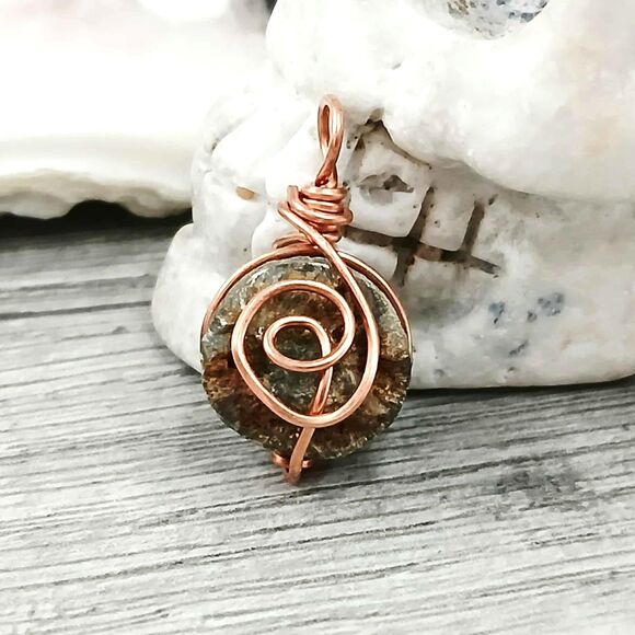 Small Fossil Pendant, Copper Wire Wrapped, 1" - Picture 1 of 3